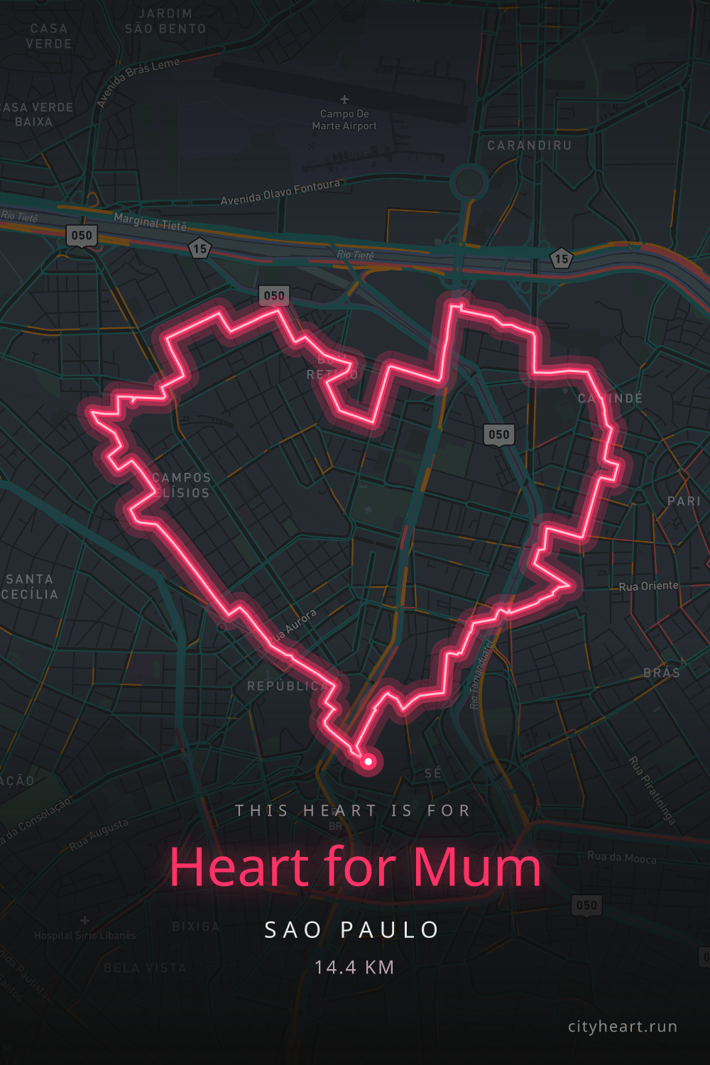 Heart-shaped running route in Sao Paulo, 15.5 km — GPS art for Strava