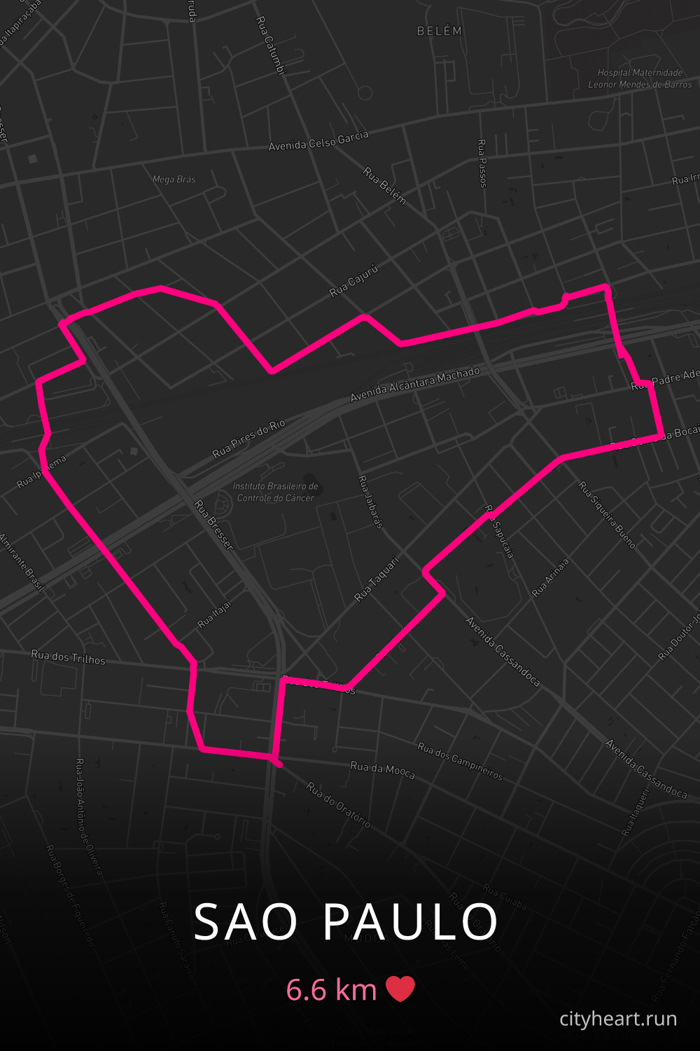 Heart-shaped running route in Sao Paulo, 6.6 km — GPS art for Strava