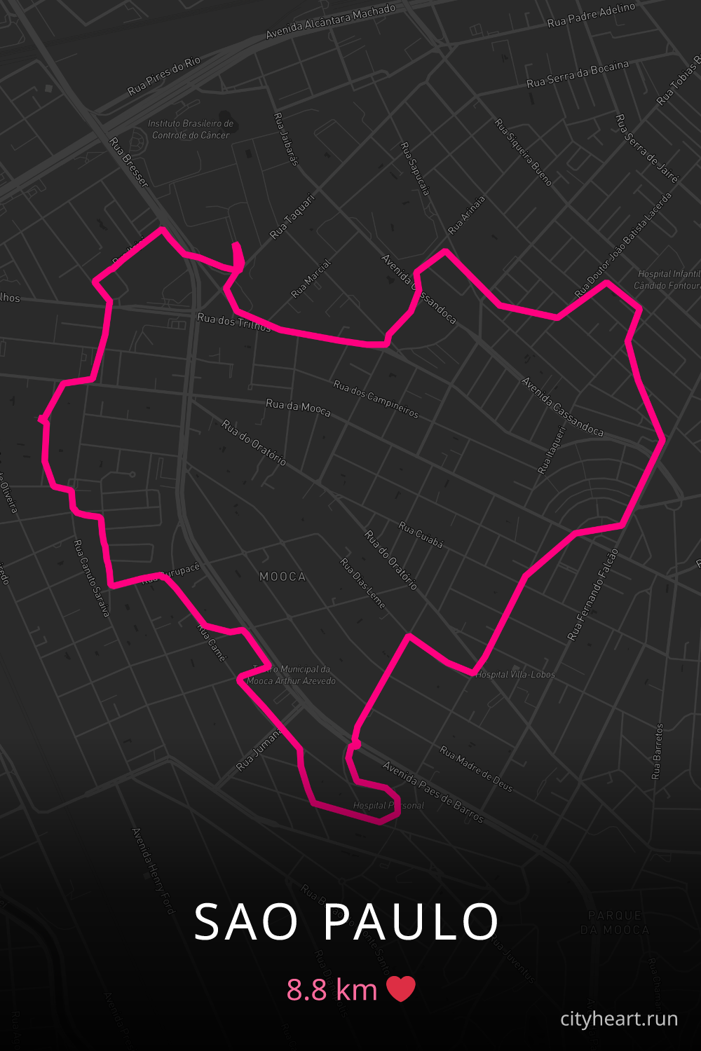 Heart-shaped running route in Sao Paulo, 8.8 km — GPS art for Strava