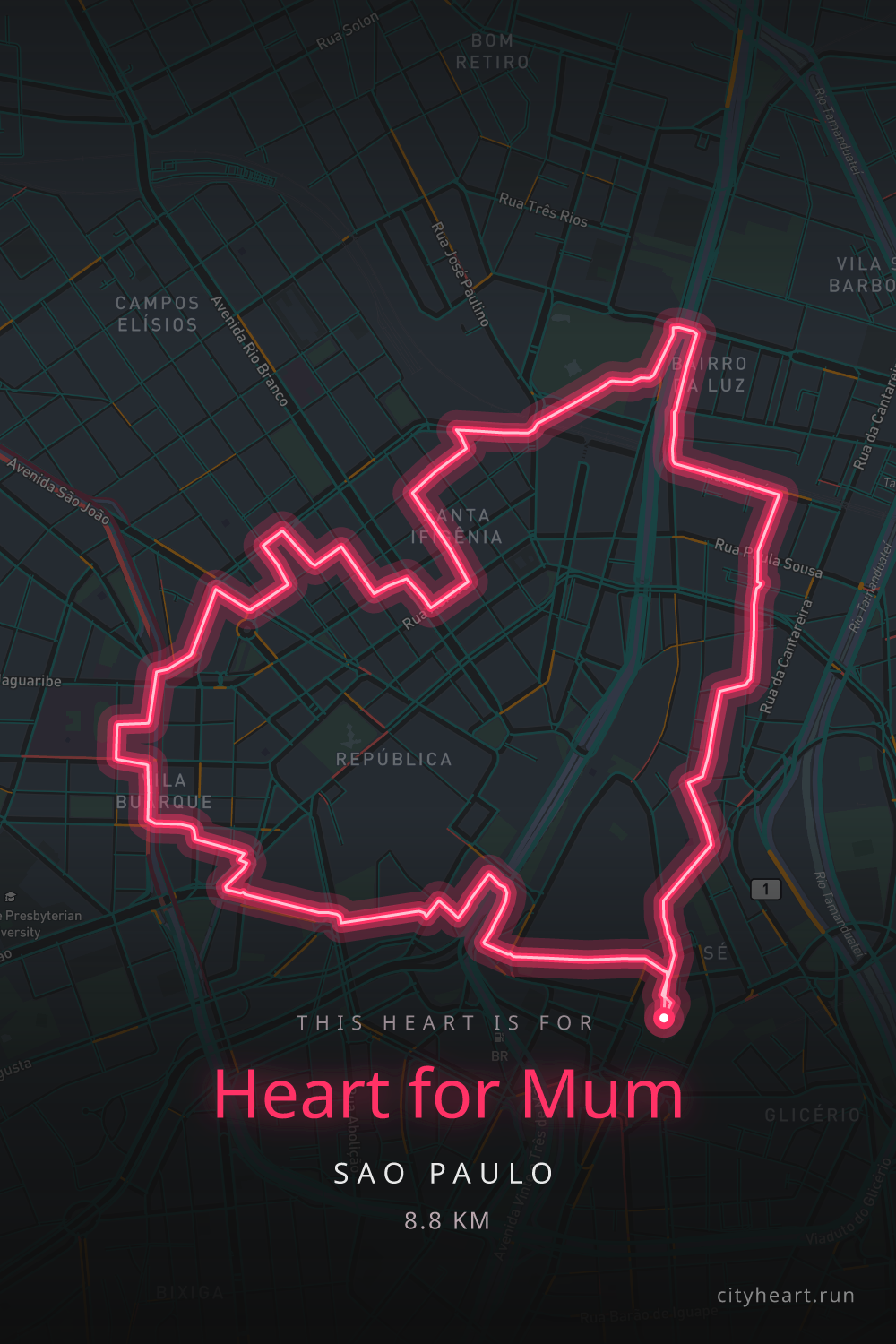 Heart-shaped running route in Sao Paulo, 8.8 km — GPS art for Strava