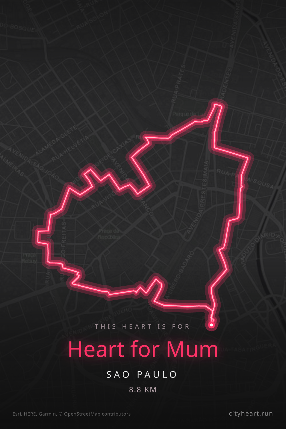 Heart-shaped running route in Sao Paulo, 8.8 km — GPS art for Strava
