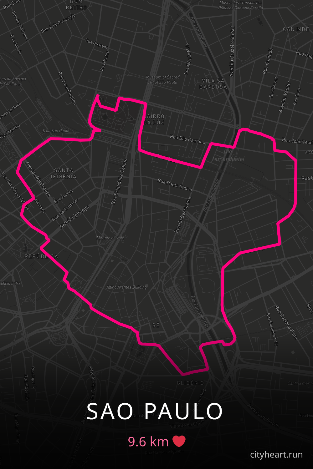 Heart-shaped running route in Sao Paulo, 9.6 km — GPS art for Strava