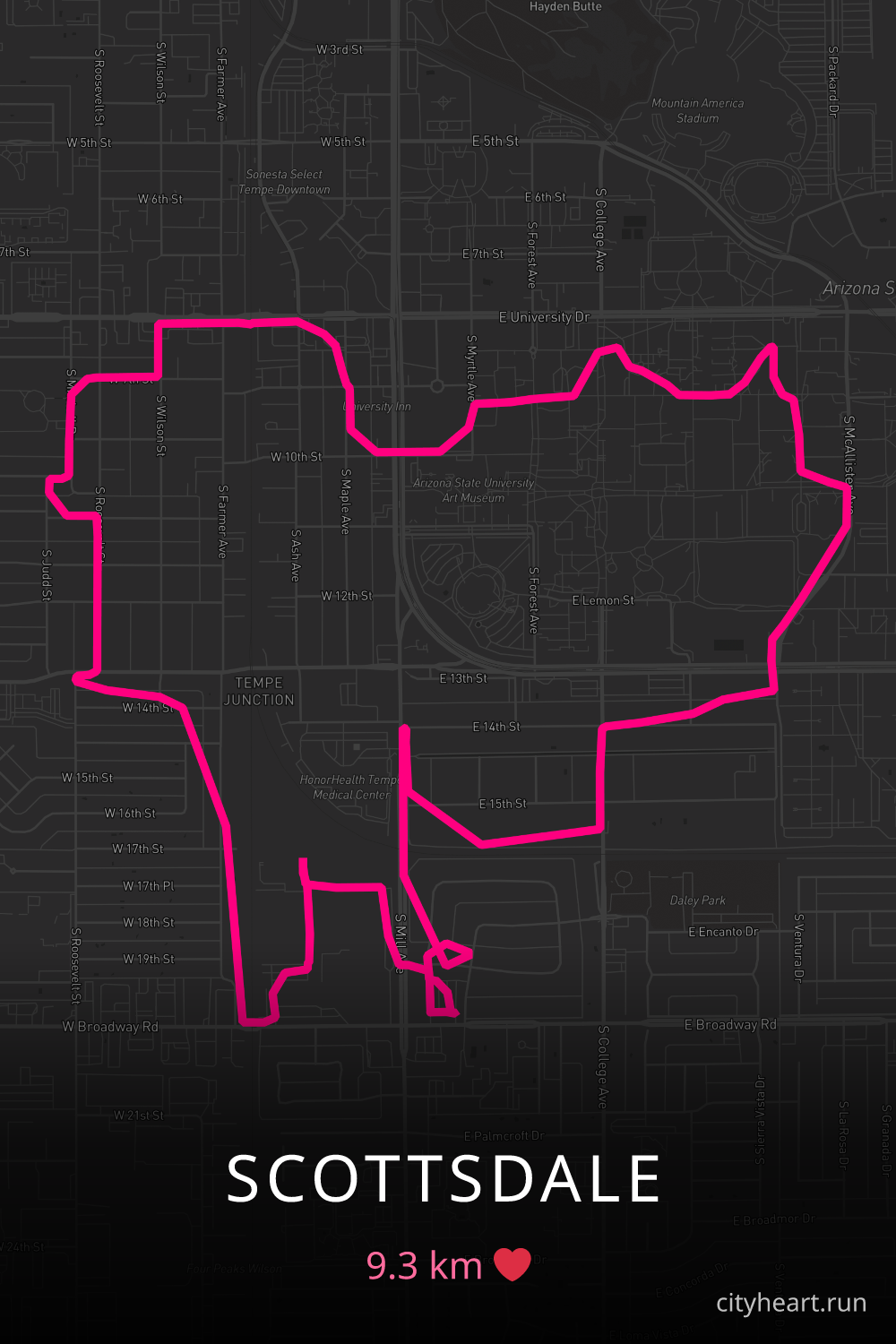Heart-shaped running route in Scottsdale, 9.3 km — GPS art for Strava