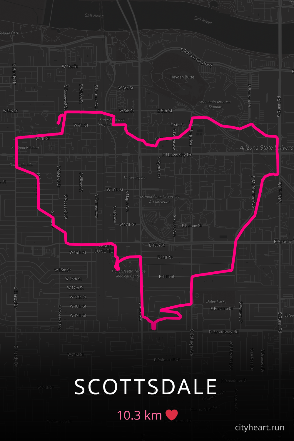 Heart-shaped running route in Scottsdale, 10.3 km — GPS art for Strava