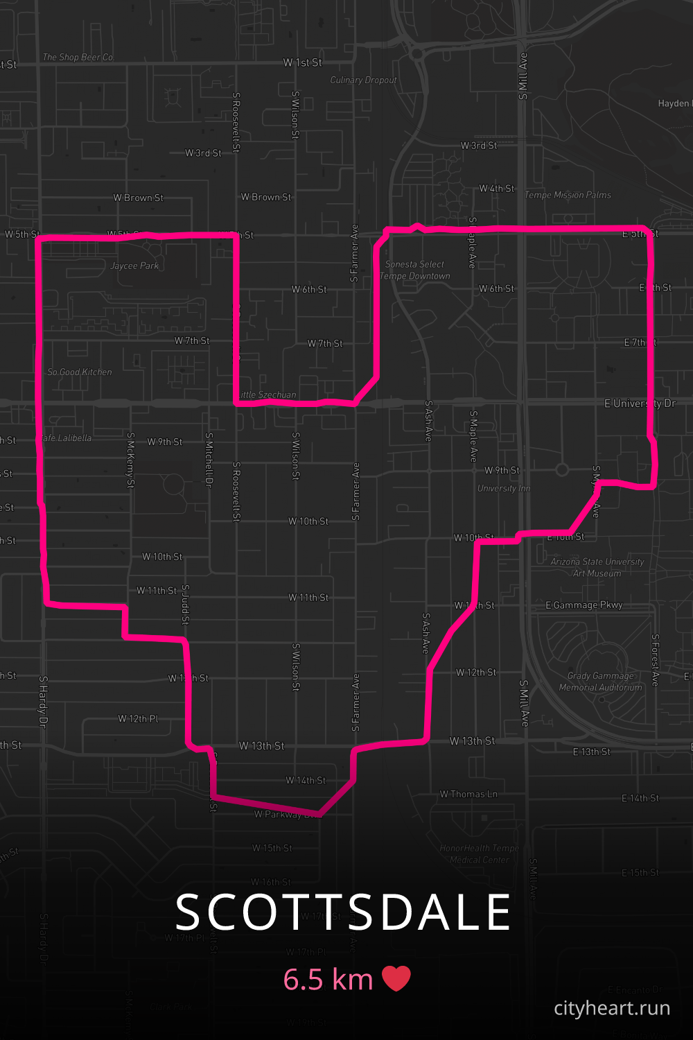 Heart-shaped running route in Scottsdale, 6.5 km — GPS art for Strava