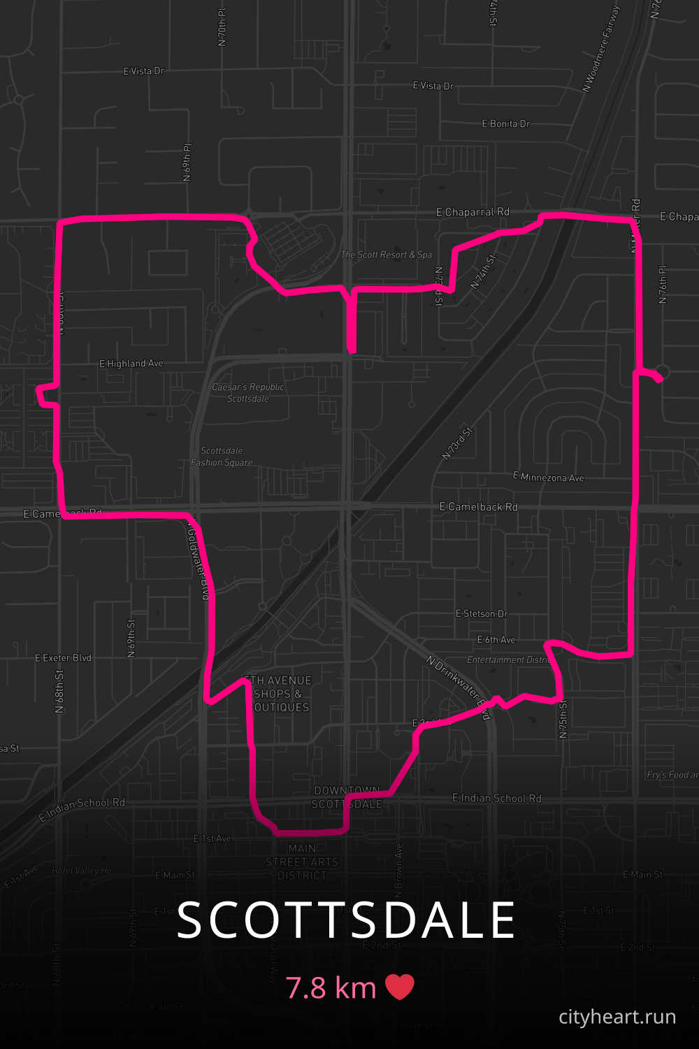 Heart-shaped running route in Scottsdale, 7.8 km — GPS art for Strava