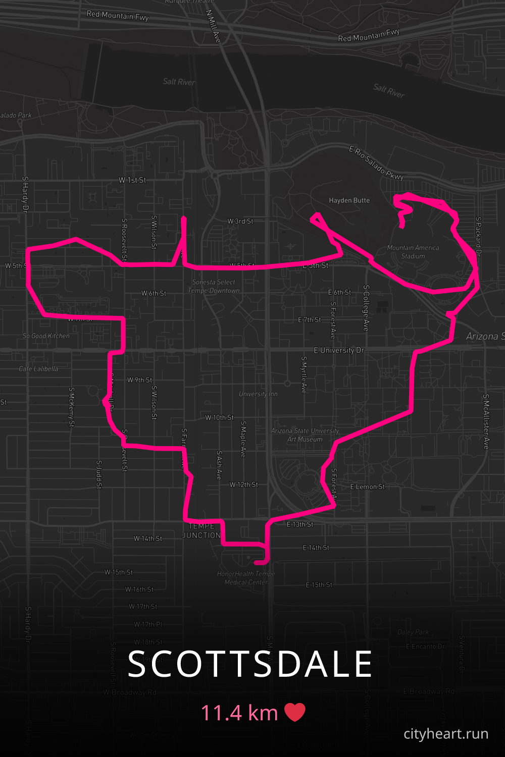 Heart-shaped running route in Scottsdale, 11.4 km — GPS art for Strava