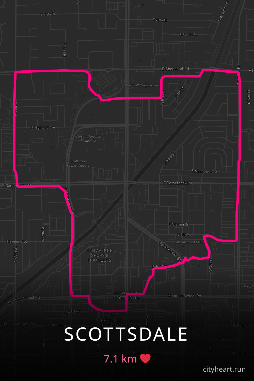 Heart-shaped running route in Scottsdale, 7.1 km — GPS art for Strava