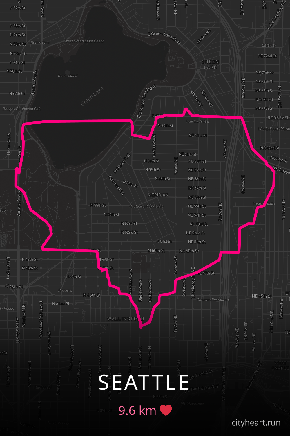 Heart-shaped running route in Seattle, 9.6 km — GPS art for Strava