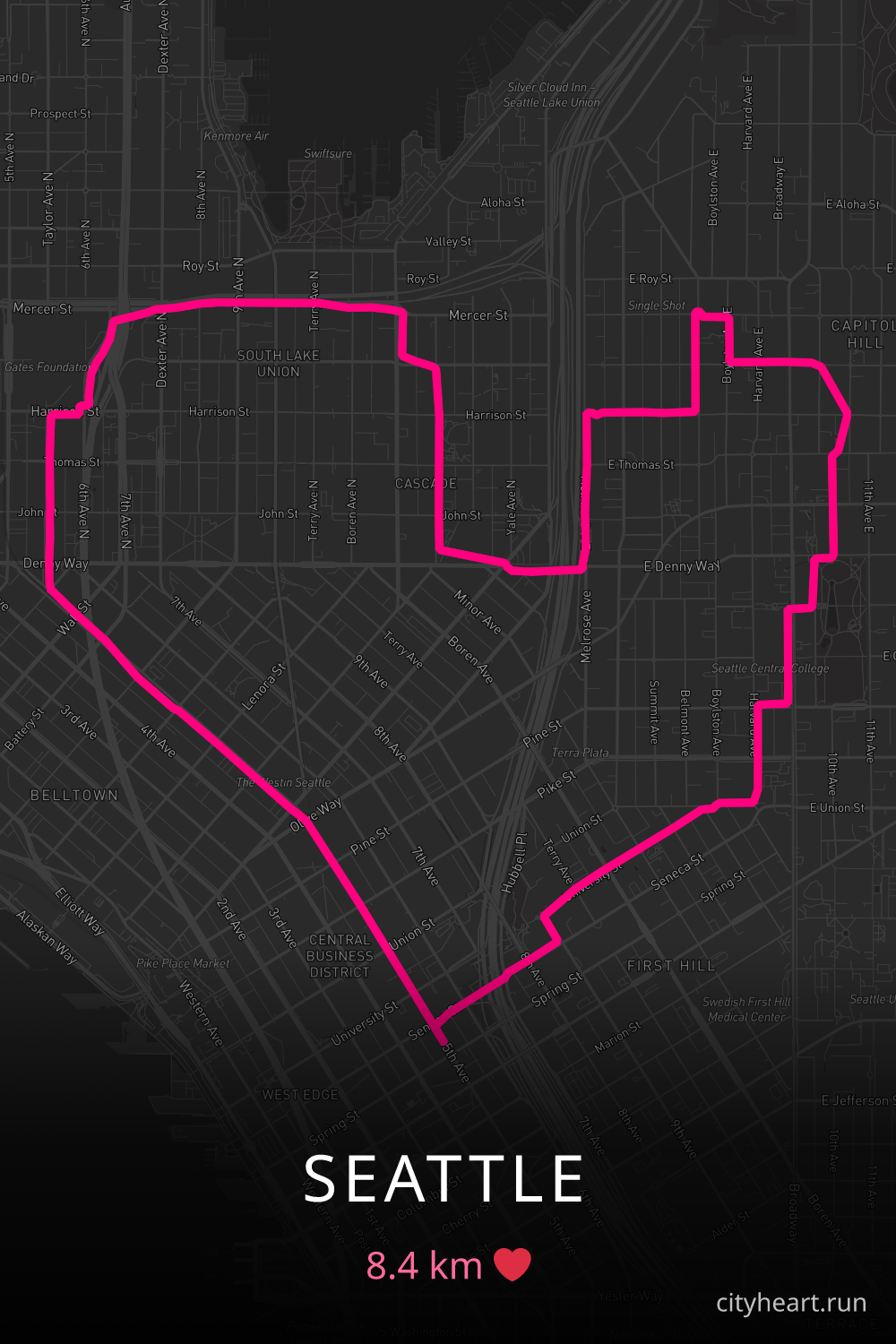 Heart-shaped running route in Seattle, 8.4 km — GPS art for Strava