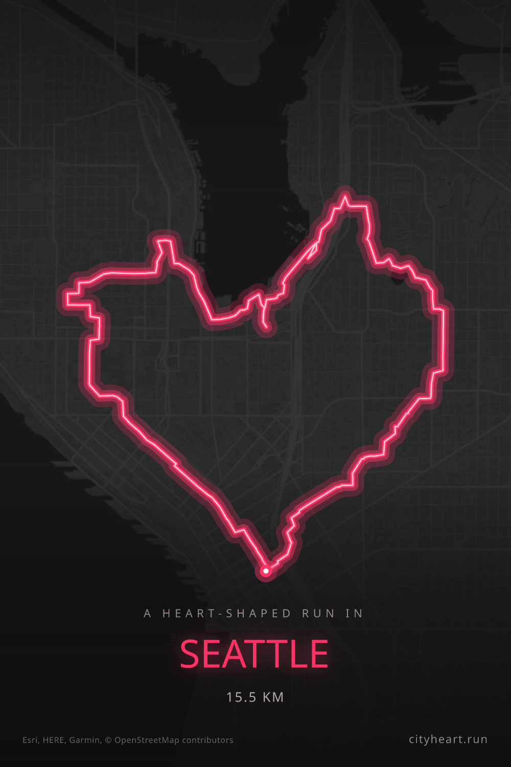 Heart-shaped running route in Seattle, 15.5 km — GPS art for Strava