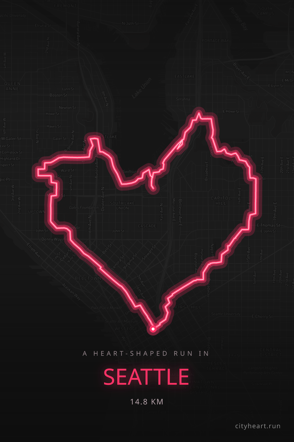 Heart-shaped running route in Seattle, 15.5 km — GPS art for Strava