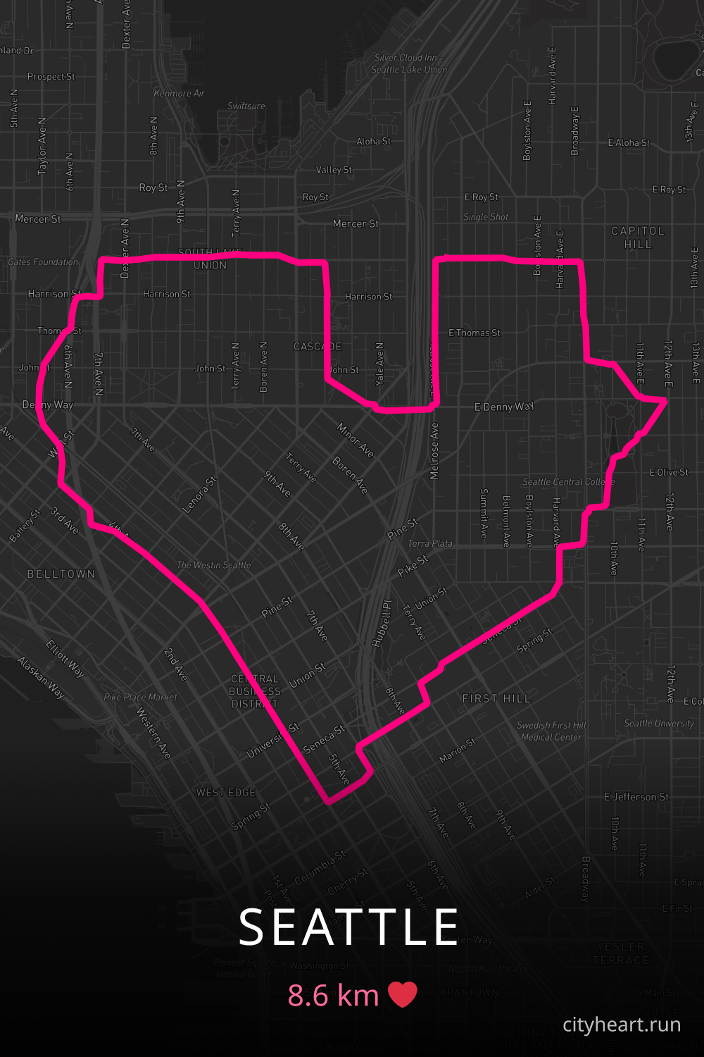 Heart-shaped running route in Seattle, 8.6 km — GPS art for Strava