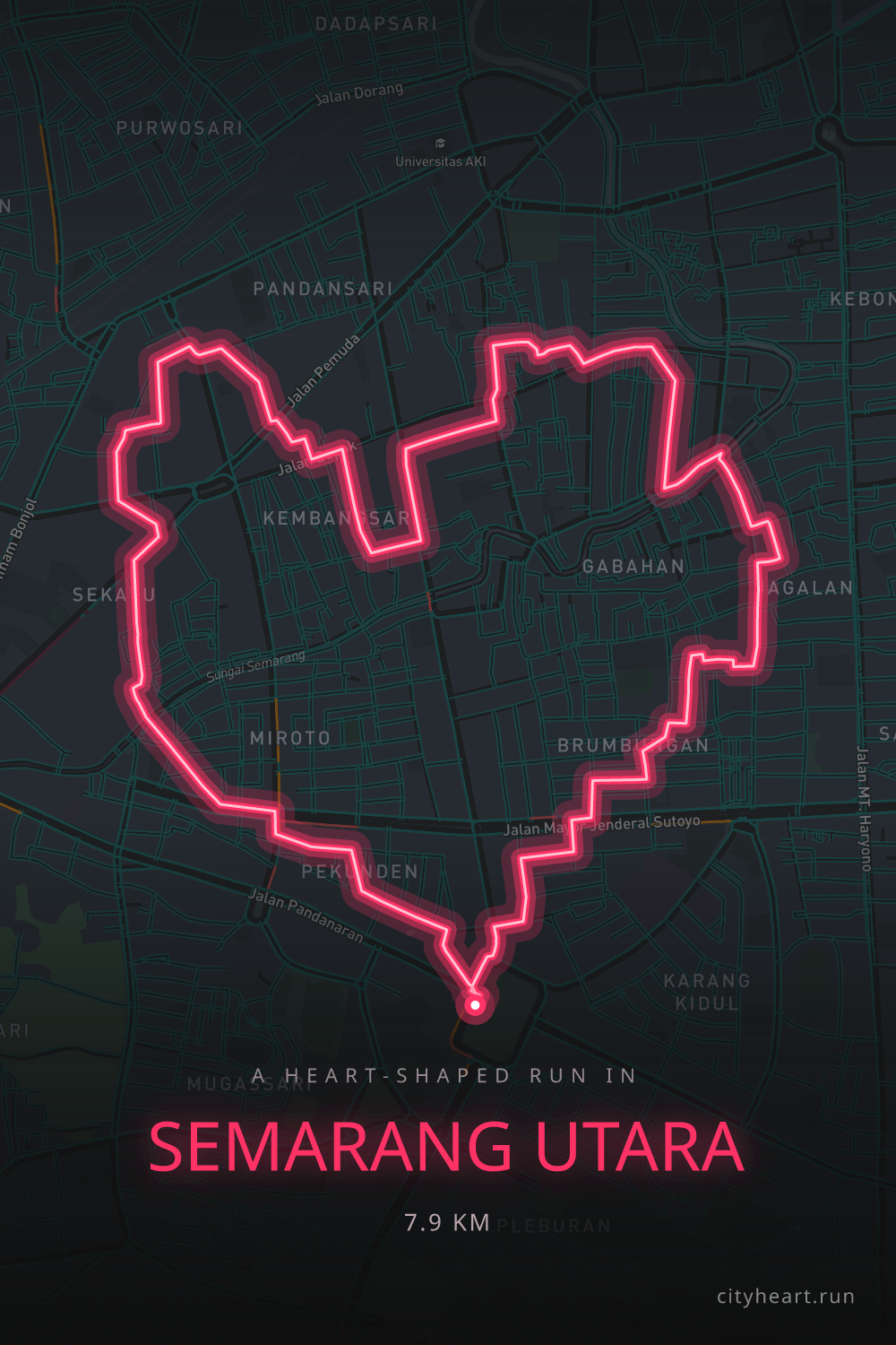 Heart-shaped running route in Semarang, Central Java, 7.9 km — GPS art for Strava