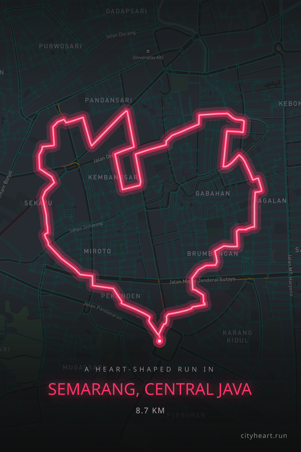 Heart-shaped running route in Semarang, Central Java, 8.7 km — GPS art for Strava