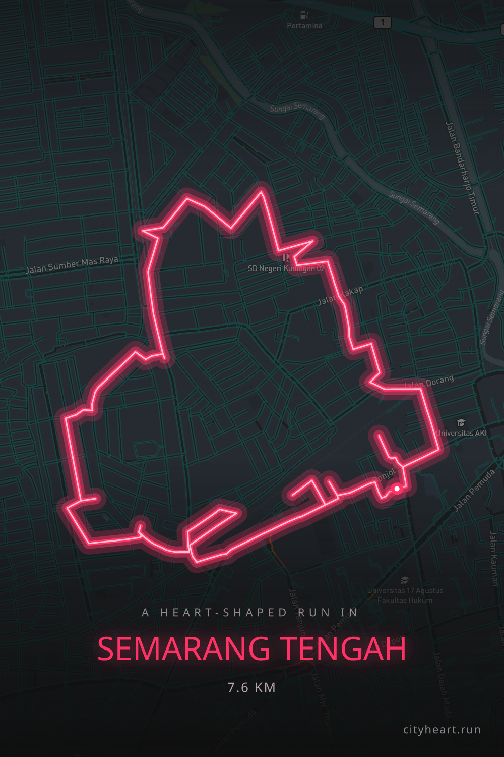 Heart-shaped running route in Semarang Tengah, 7.6 km — GPS art for Strava