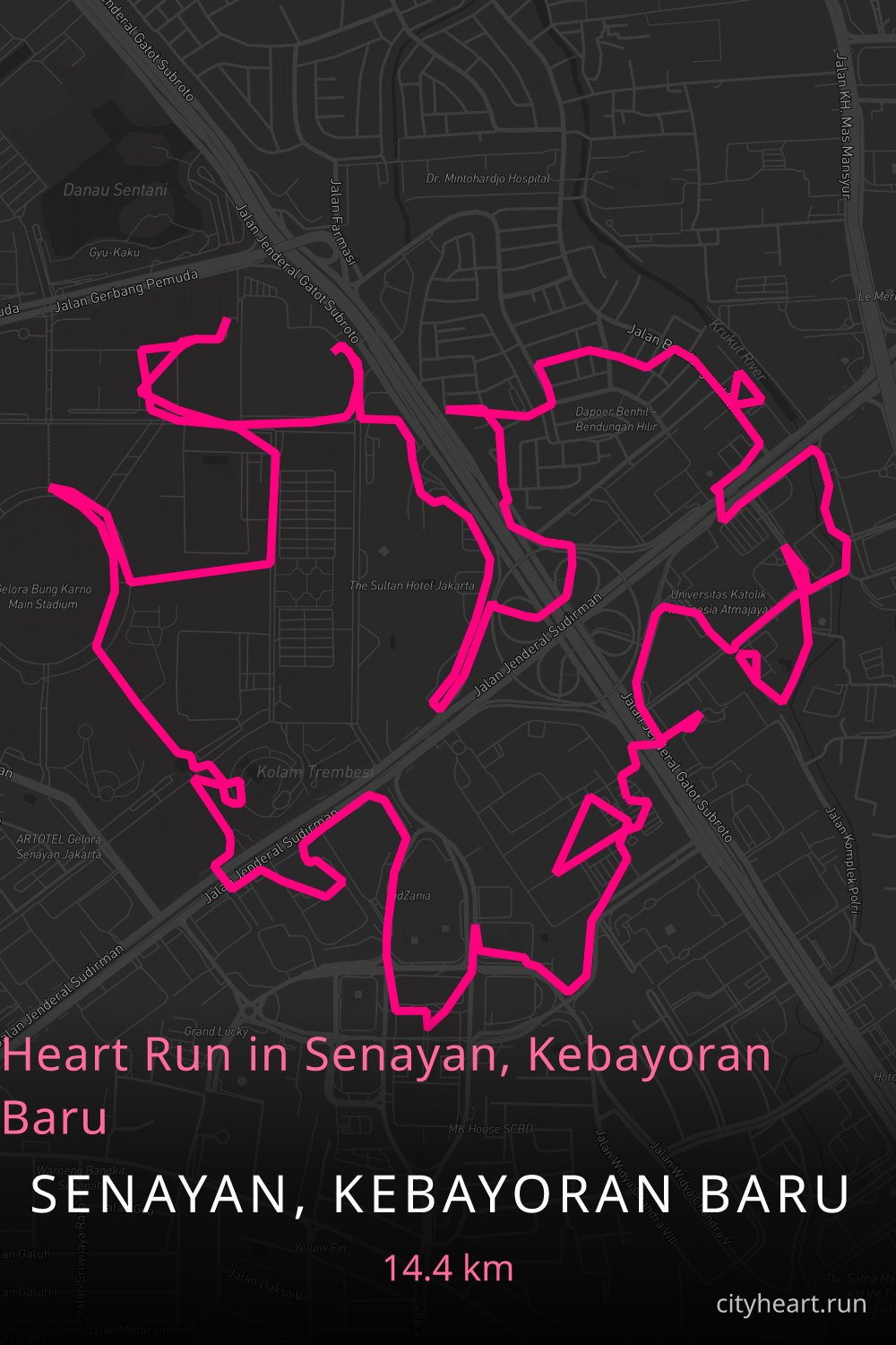 Heart-shaped running route in Senayan, Kebayoran Baru, 14.4 km — GPS art for Strava