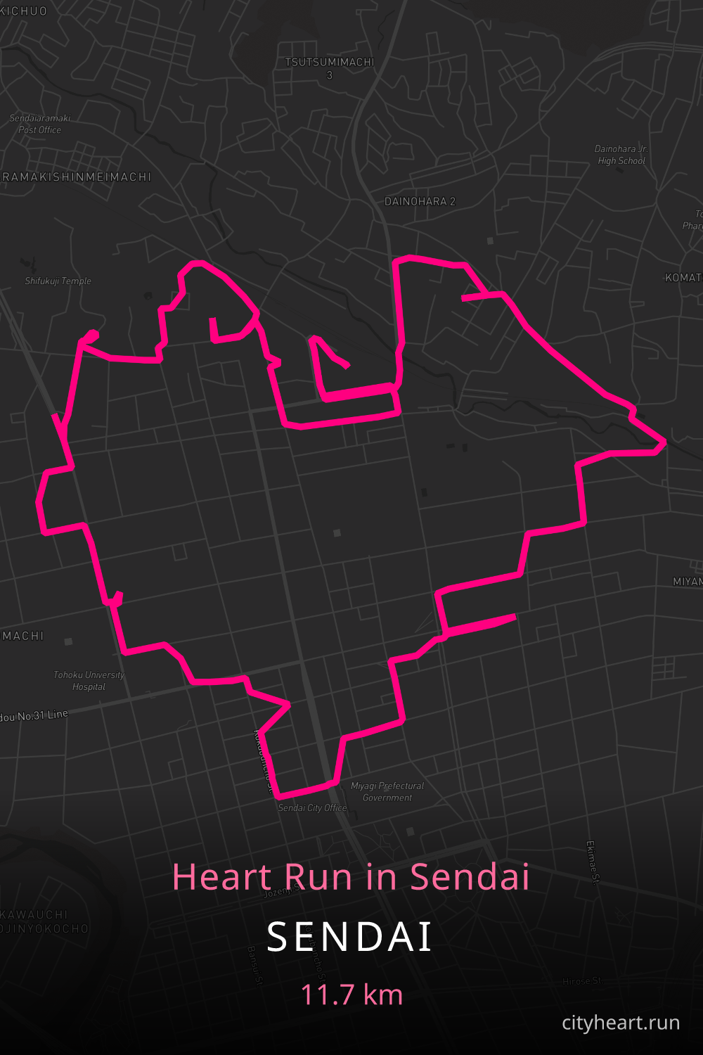 Heart-shaped running route in Sendai, 11.7 km — GPS art for Strava