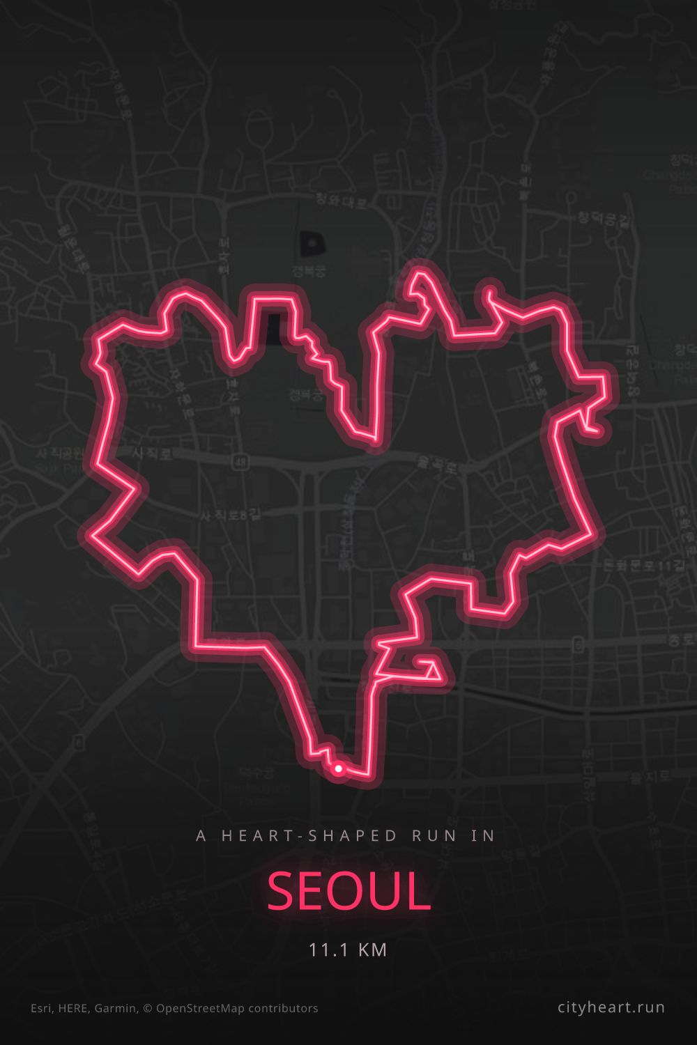 Heart-shaped running route in Seoul, 11.1 km — GPS art for Strava