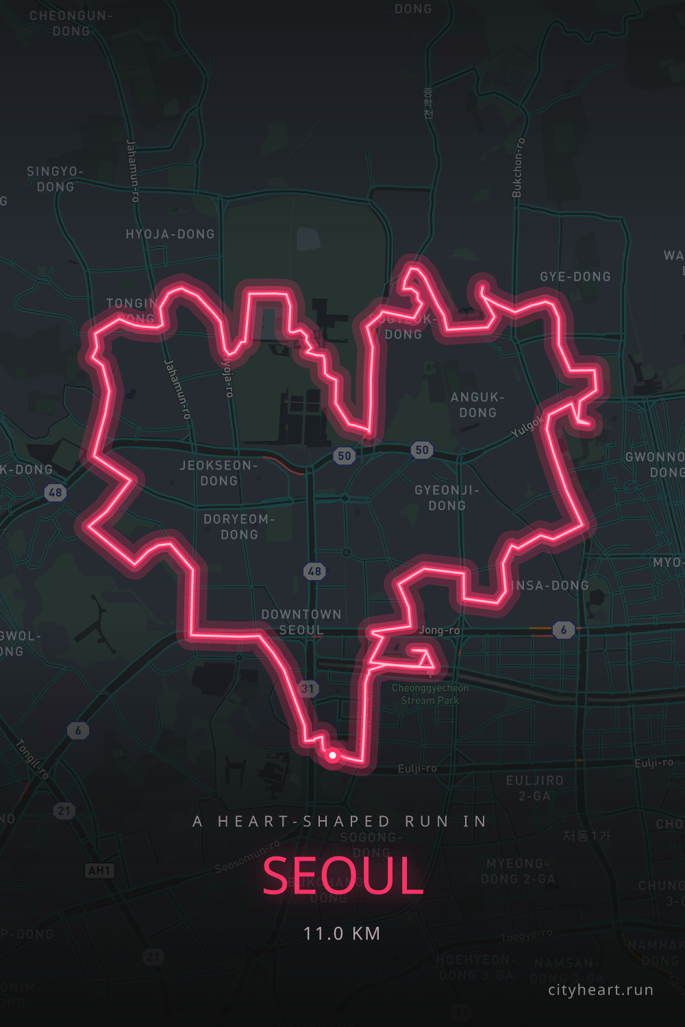 Heart-shaped running route in Seoul, 11.1 km — GPS art for Strava