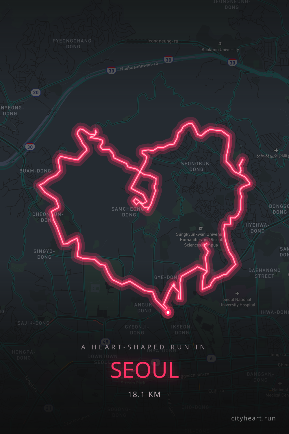 Heart-shaped running route in Seoul, 18.1 km — GPS art for Strava