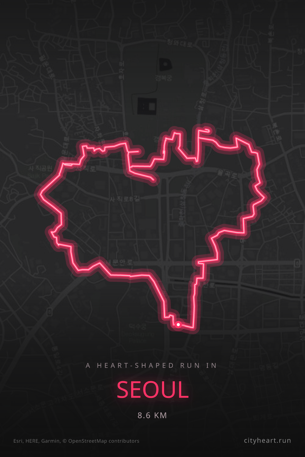 Heart-shaped 8.6 km shakeout running route through Seoul, near the JTBC Seoul Marathon course