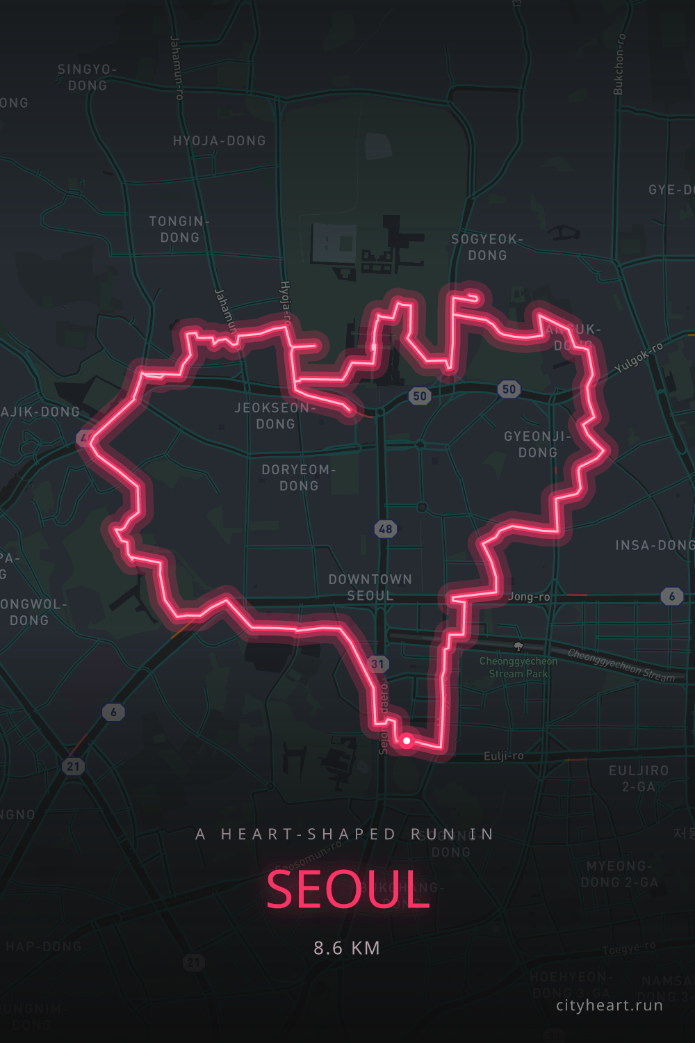 Heart-shaped running route in Seoul, 8.6 km — GPS art for Strava
