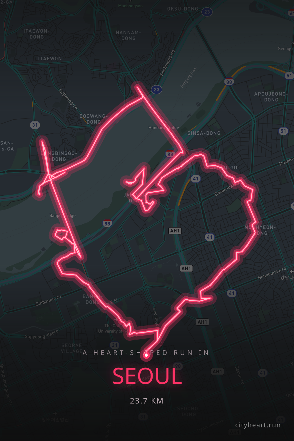 Heart-shaped running route in Seoul, 24.8 km — GPS art for Strava