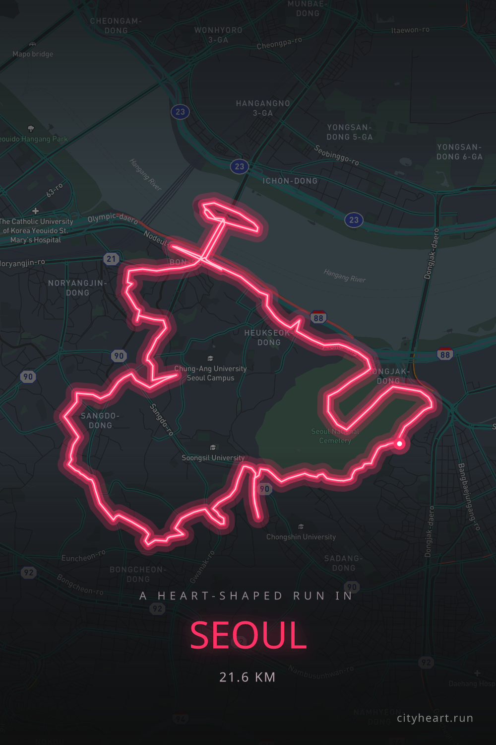 Heart-shaped running route in Seoul, 21.6 km — GPS art for Strava