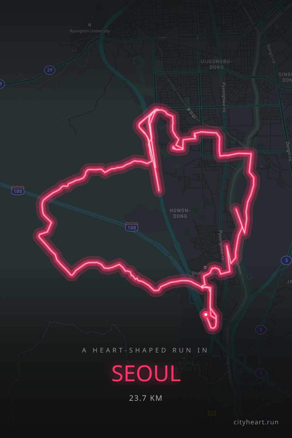 Heart-shaped running route in Seoul, 26.2 km — GPS art for Strava