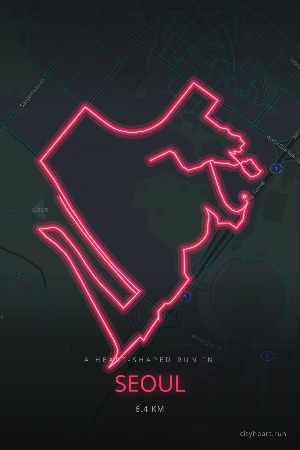 Heart-shaped running route in Seoul, 6.5 km — GPS art for Strava