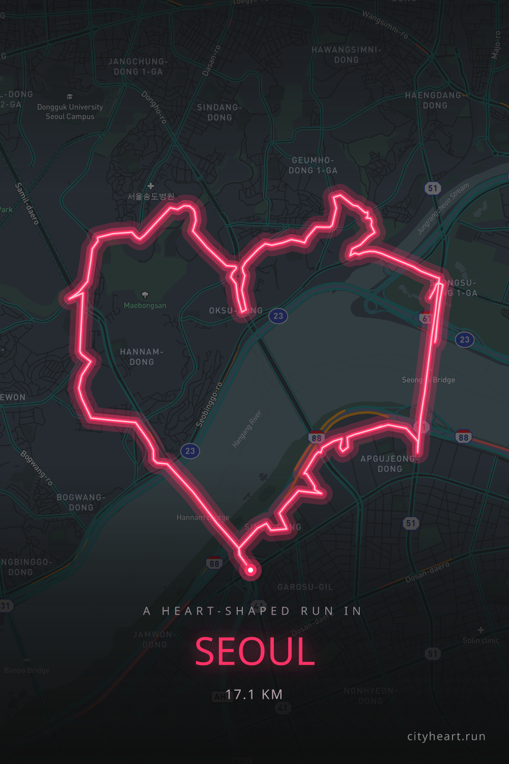Heart-shaped running route in Seoul, 17.1 km — GPS art for Strava