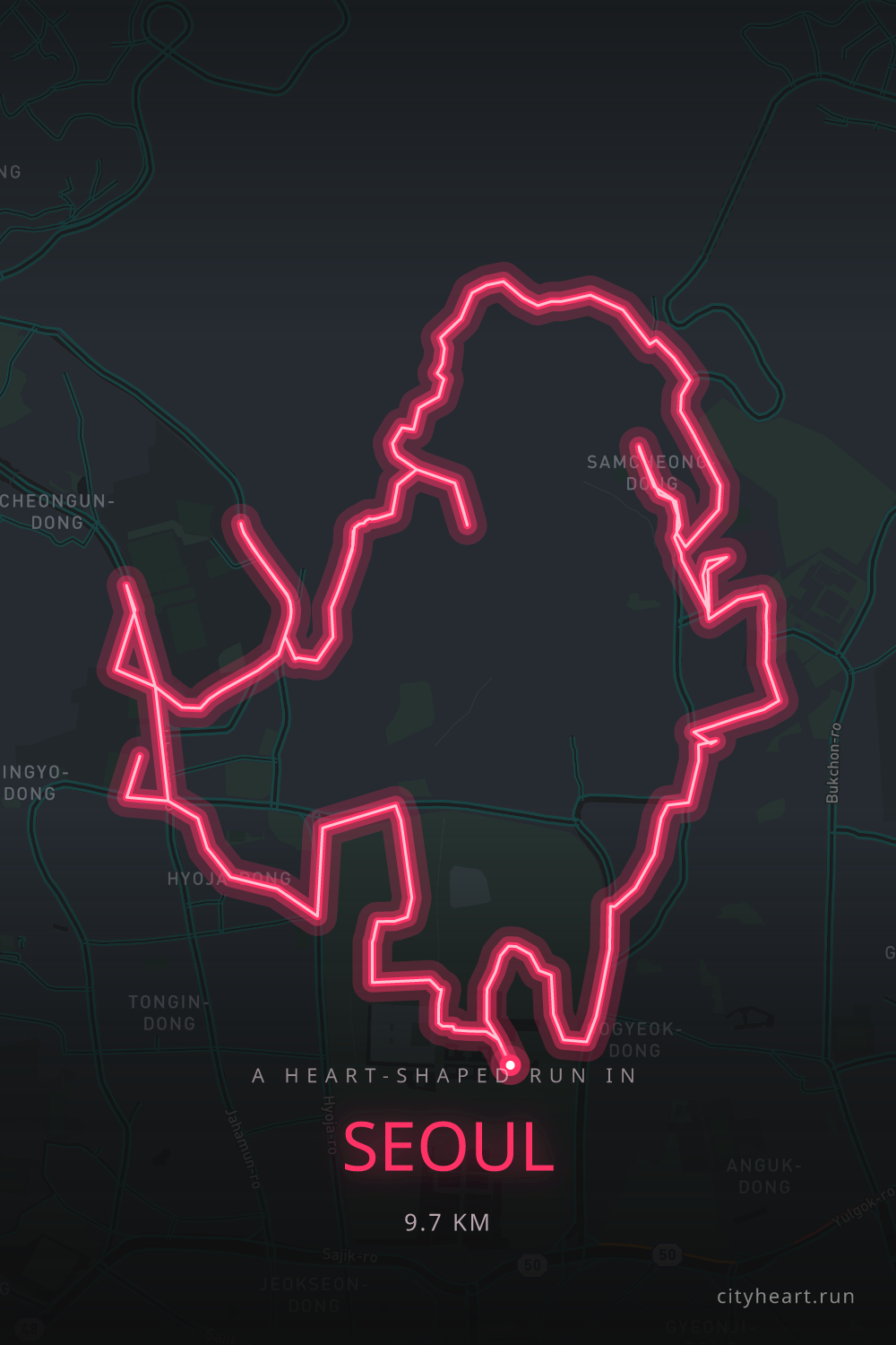 Heart-shaped running route in Seoul, 9.7 km — GPS art for Strava