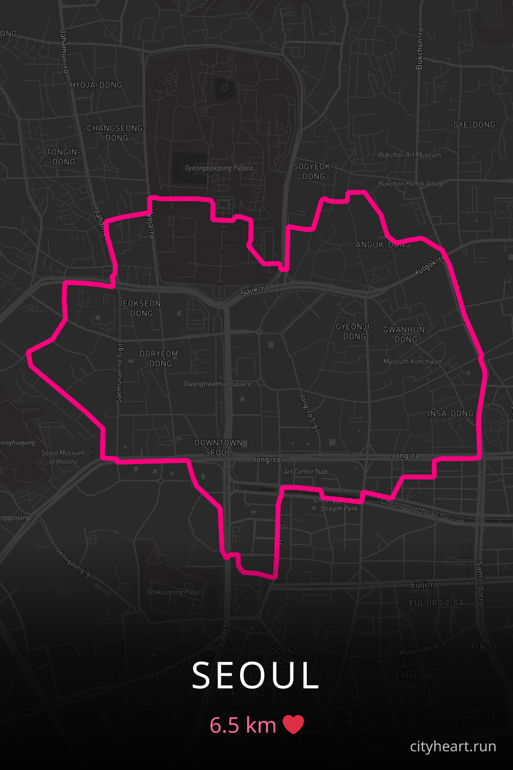 Heart-shaped running route in Seoul, 6.5 km — GPS art for Strava