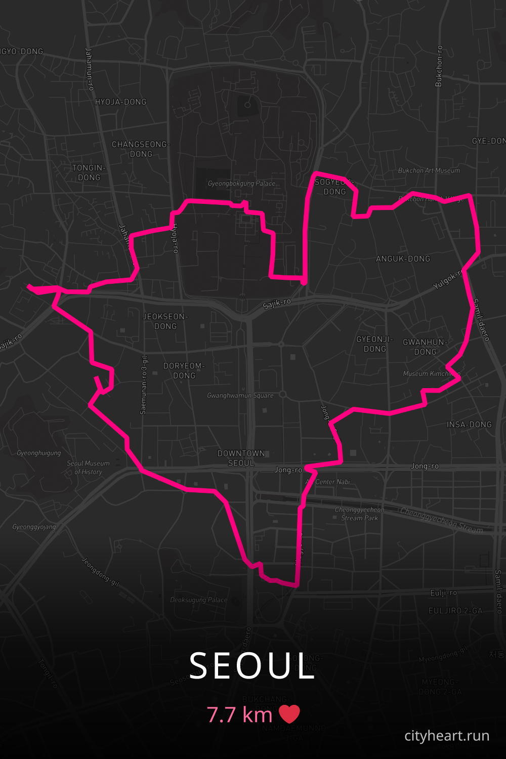 Heart-shaped running route in Seoul, 7.7 km — GPS art for Strava