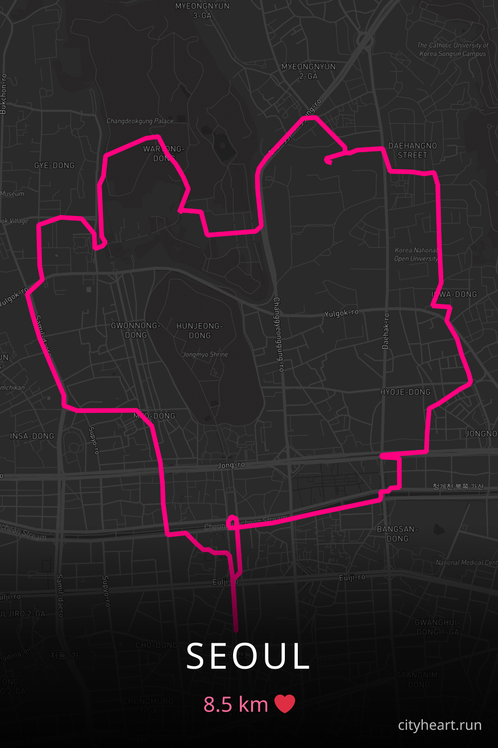 Heart-shaped running route in Seoul, 8.5 km — GPS art for Strava