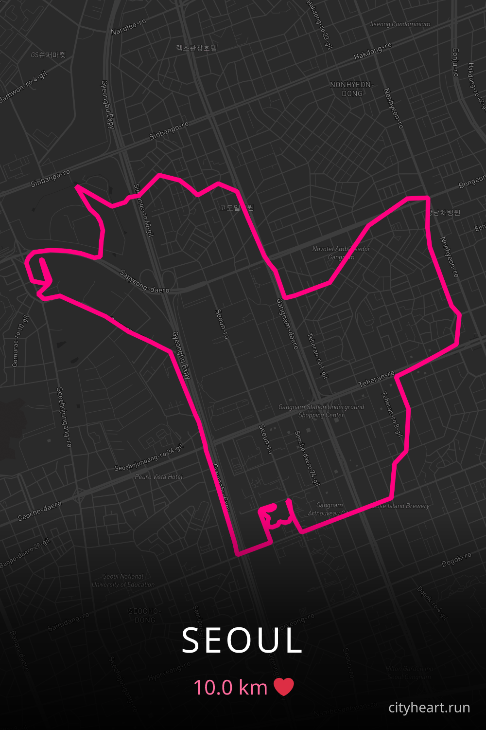 Heart-shaped running route in Seoul, 10.0 km — GPS art for Strava