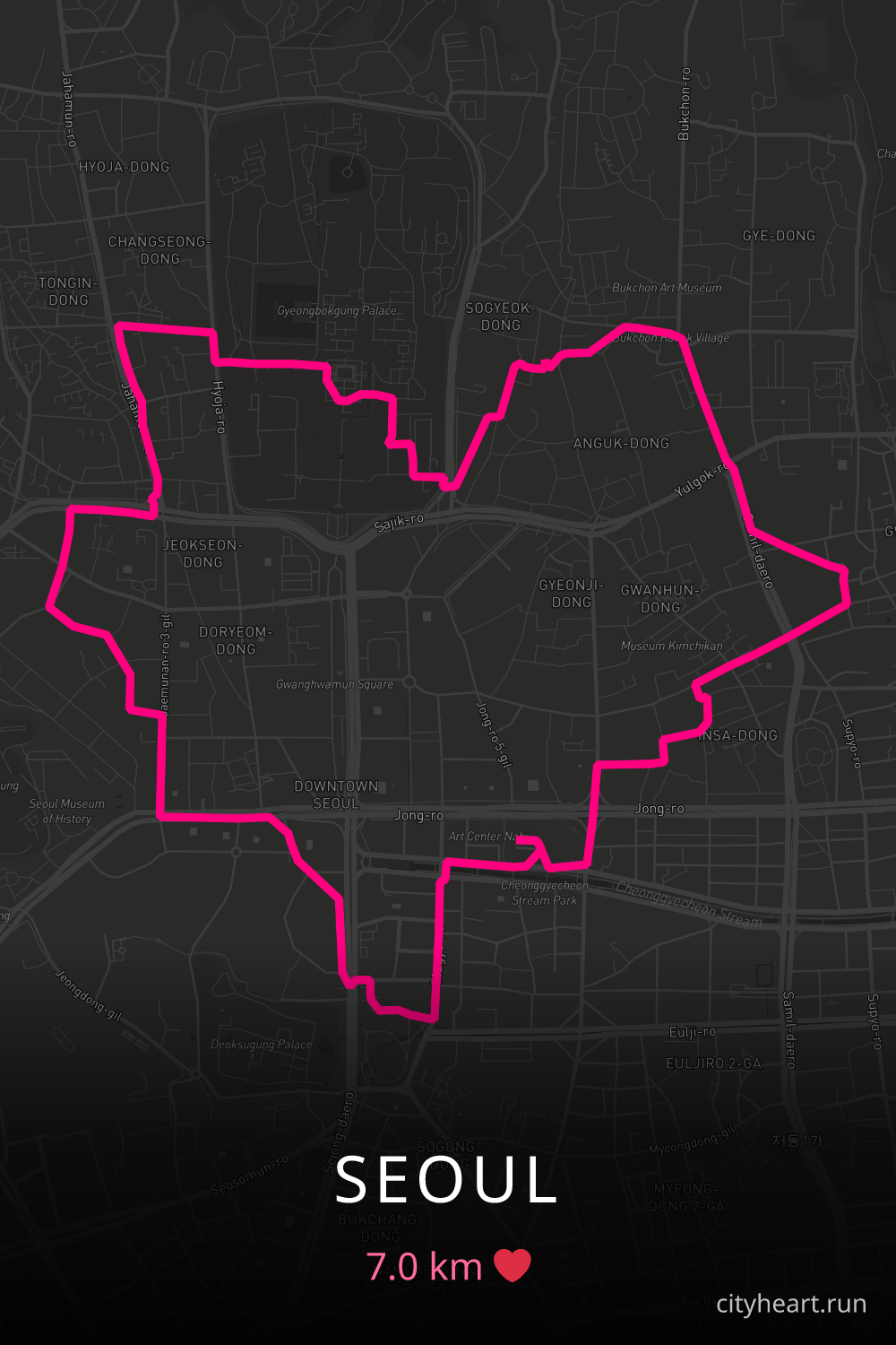 Heart-shaped running route in Seoul, 7.0 km — GPS art for Strava