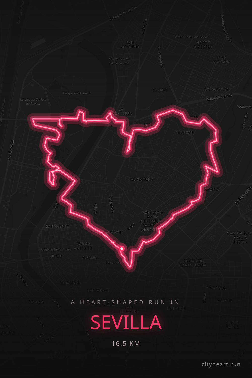 Heart-shaped running route in Sevilla, 17.9 km — GPS art for Strava
