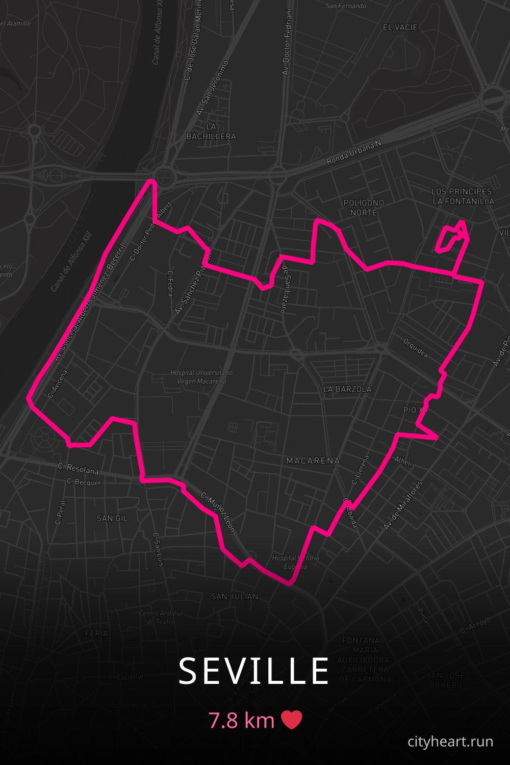 Heart-shaped running route in Seville, 7.8 km — GPS art for Strava