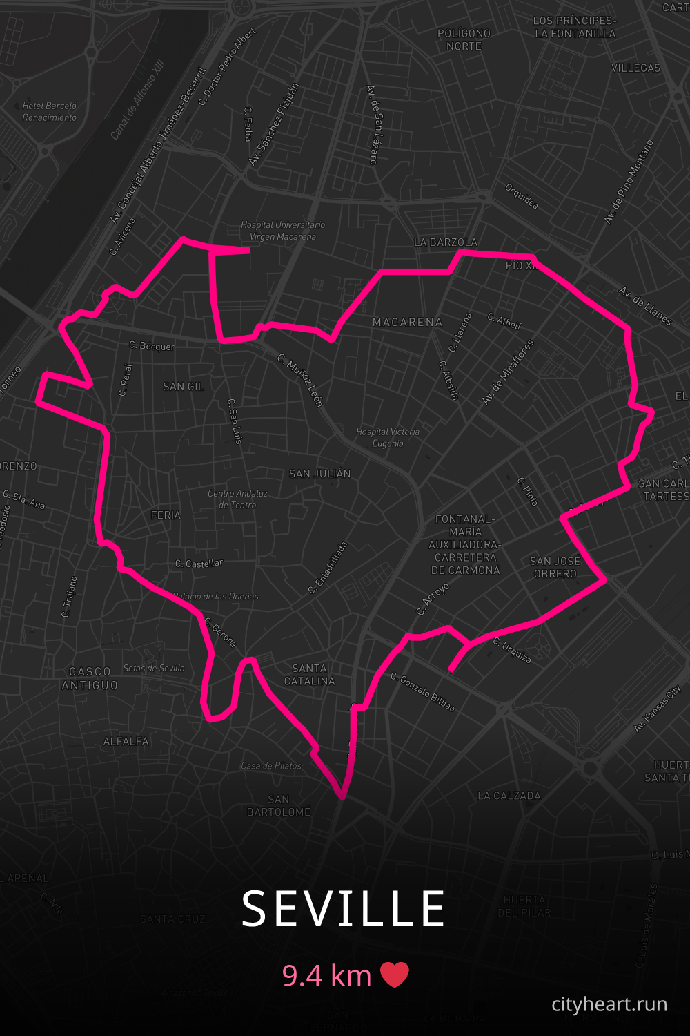 Heart-shaped running route in Seville, 9.4 km — GPS art for Strava