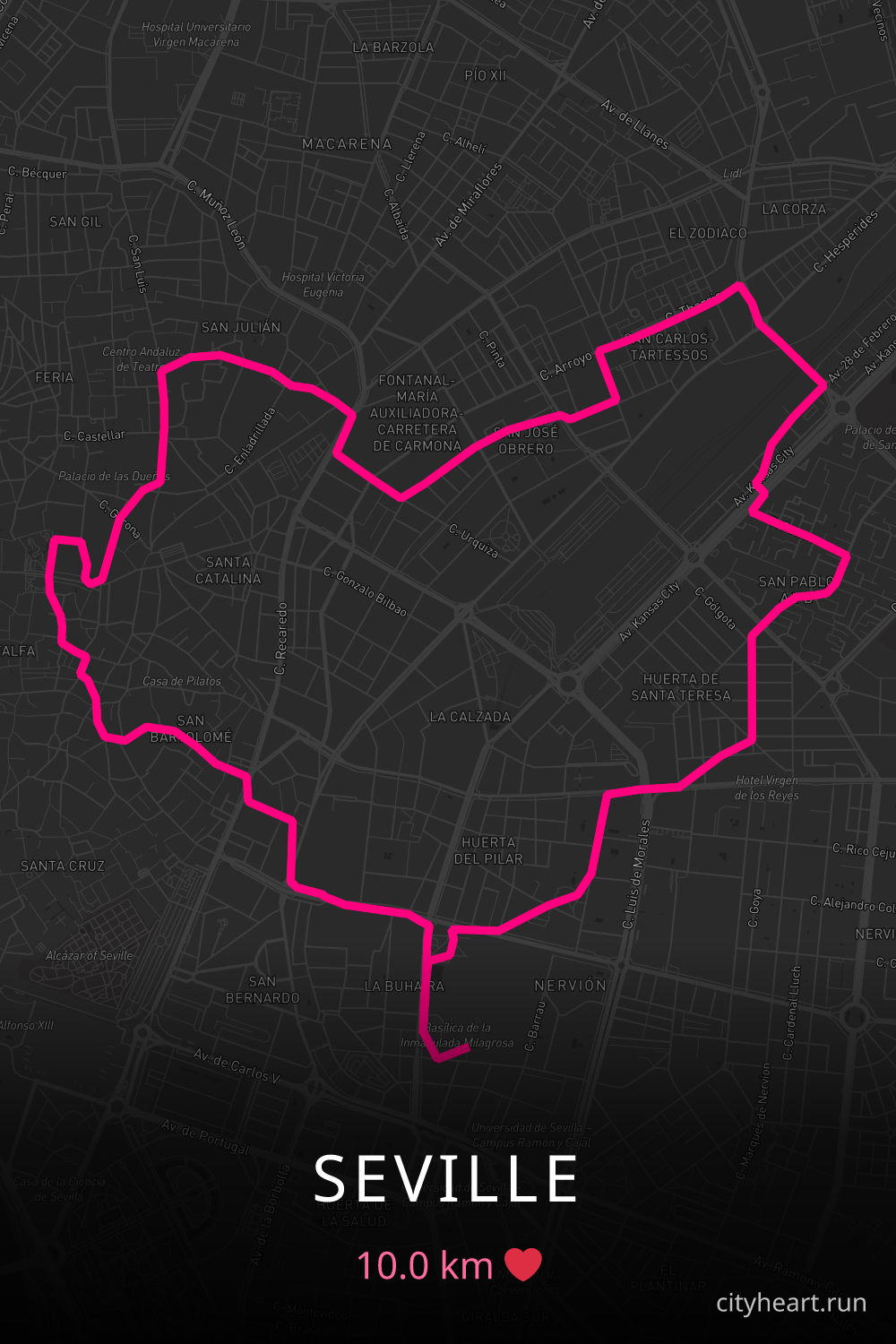 Heart-shaped running route in Seville, 10.0 km — GPS art for Strava