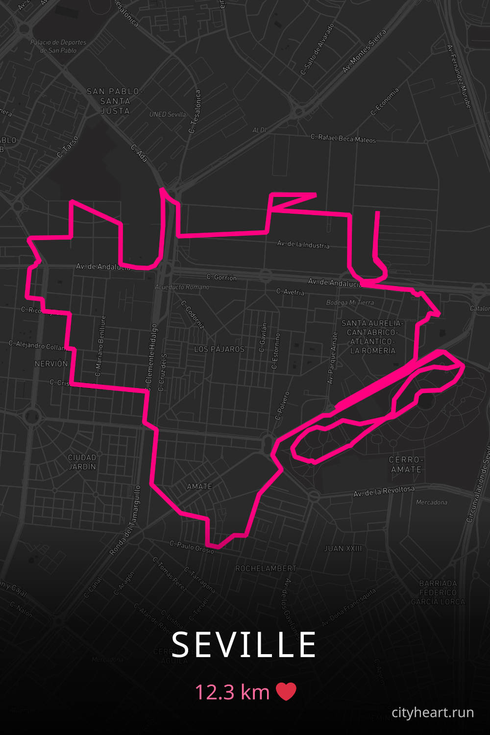 Heart-shaped running route in Seville, 12.3 km — GPS art for Strava