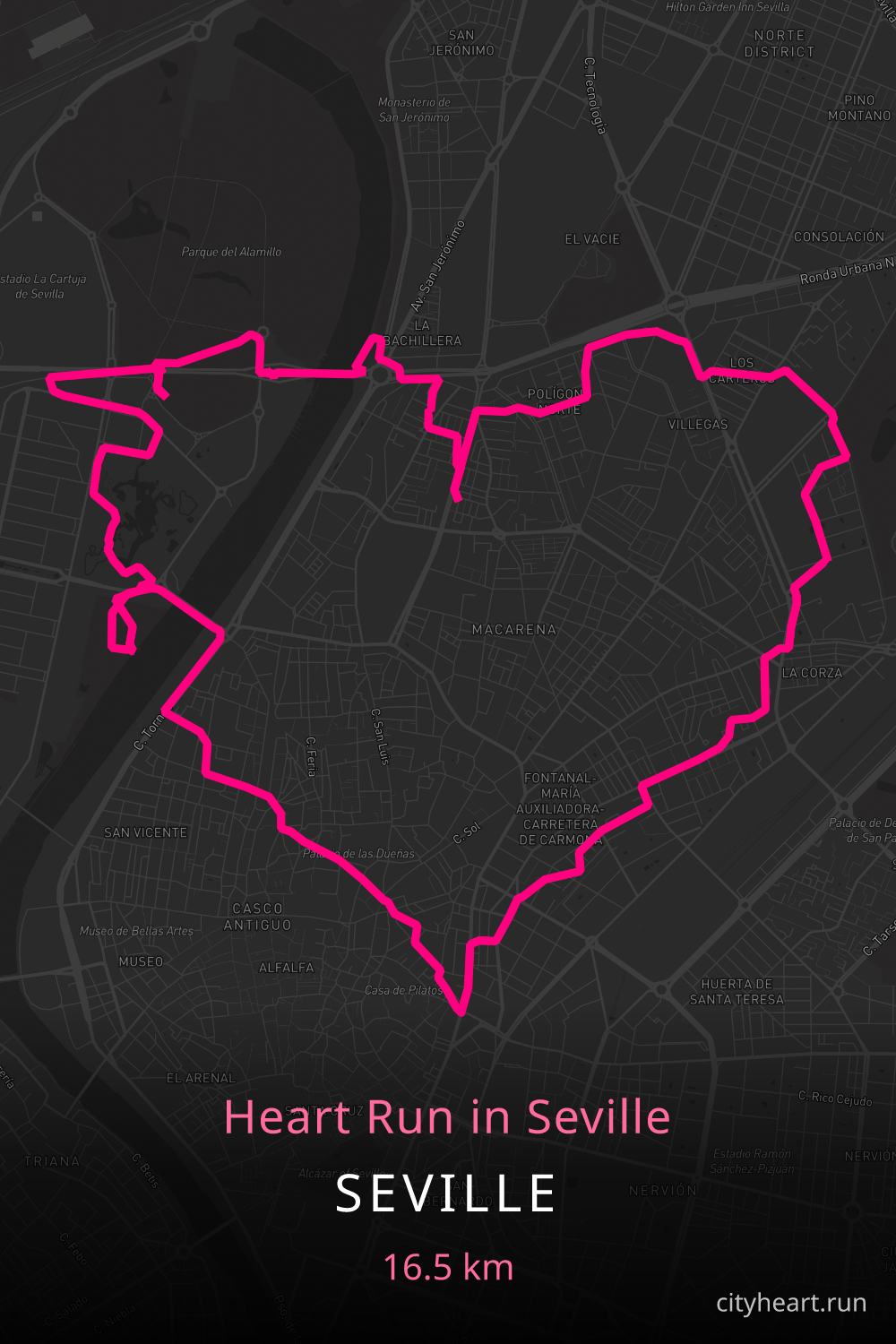 Heart-shaped running route in Seville, 17.9 km — GPS art for Strava