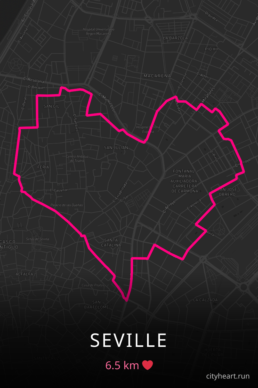 Heart-shaped running route in Seville, 6.5 km — GPS art for Strava