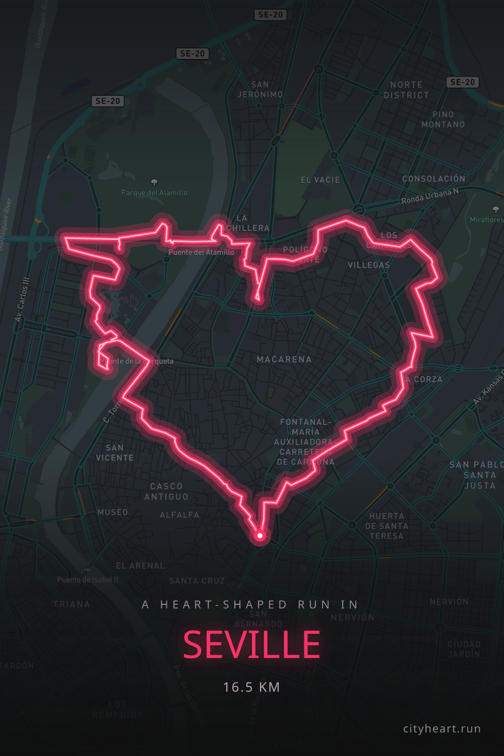 Heart-shaped running route in Seville, 17.9 km — GPS art for Strava