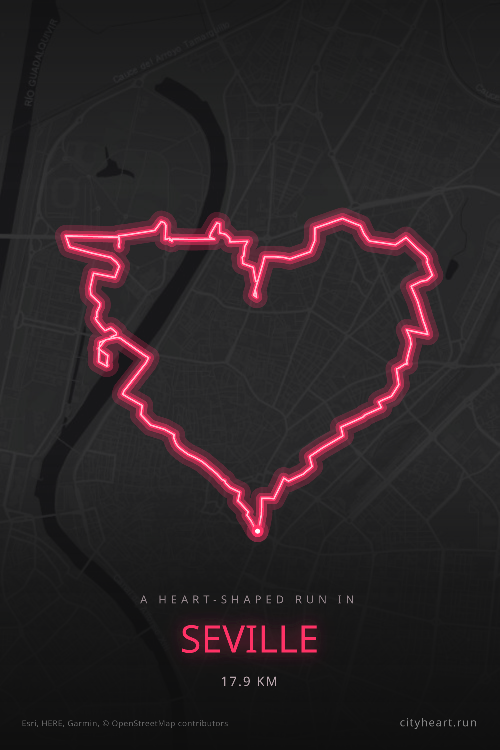 Heart-shaped running route in Seville, 17.9 km — GPS art for Strava