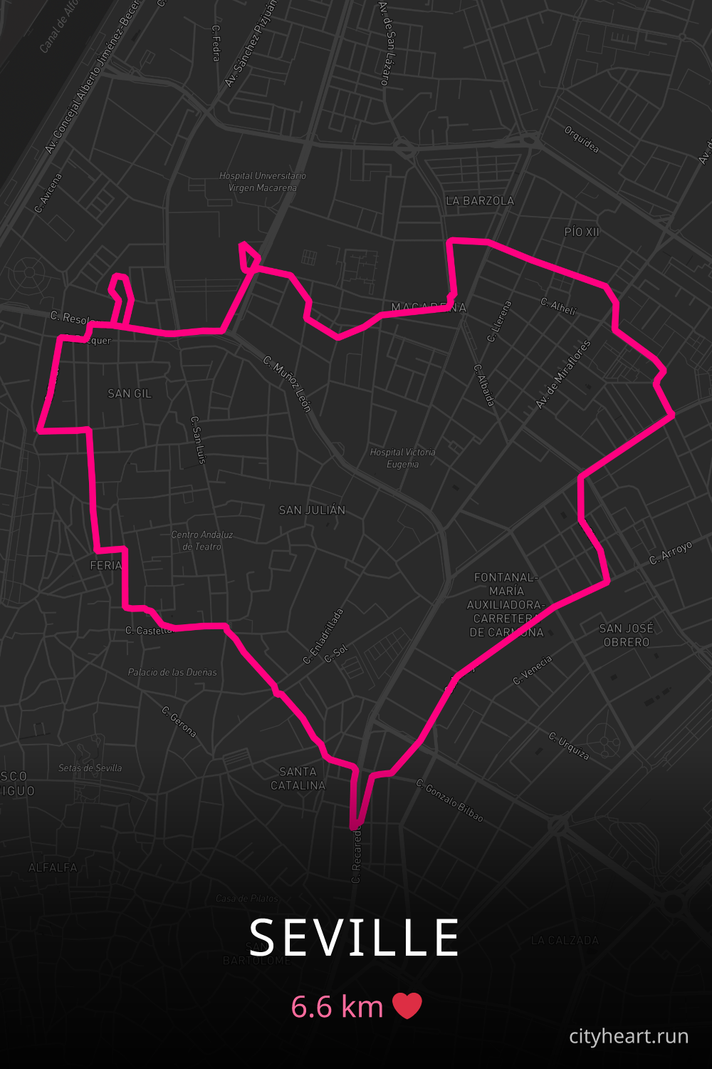 Heart-shaped running route in Seville, 6.6 km — GPS art for Strava