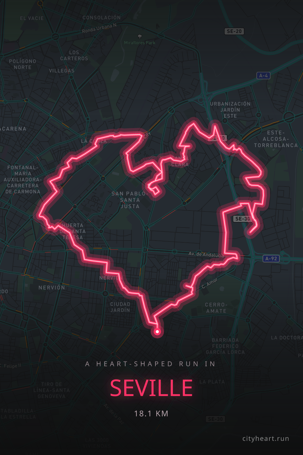 Heart-shaped running route in Seville, 19.0 km — GPS art for Strava
