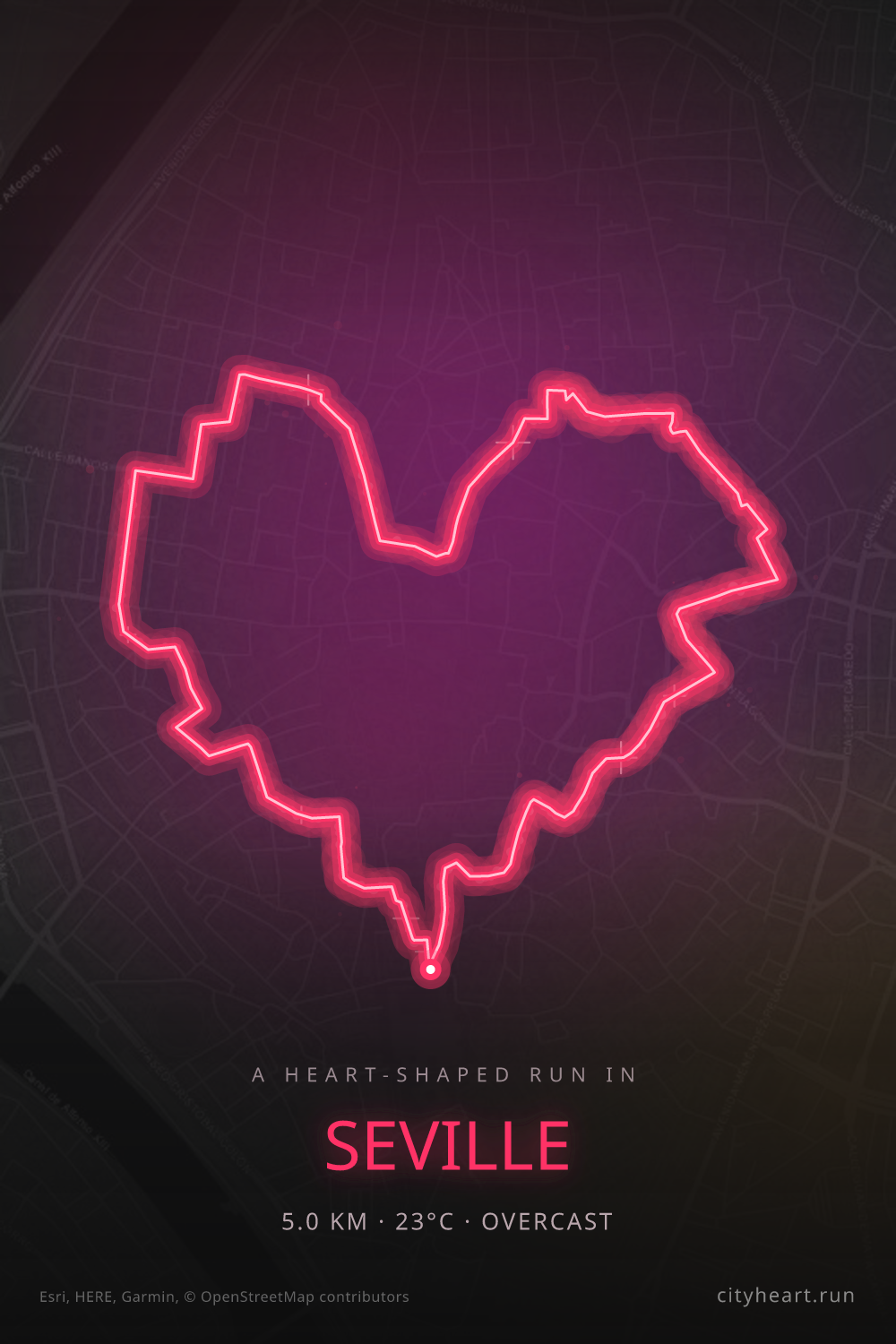 Heart-shaped running route in Seville, 5.0 km — GPS art for Strava